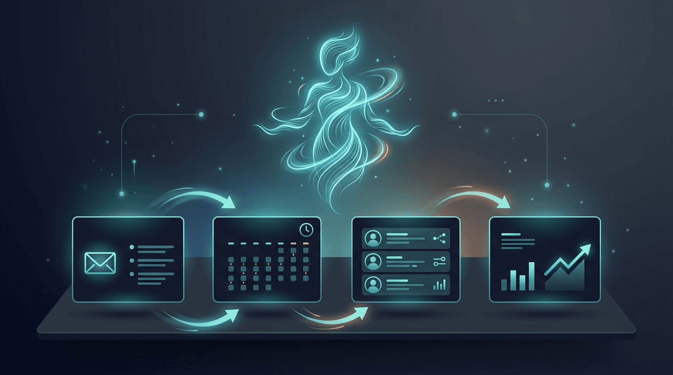 Illustration of an AI assistant overseeing dashboards, inbox and CRM cards