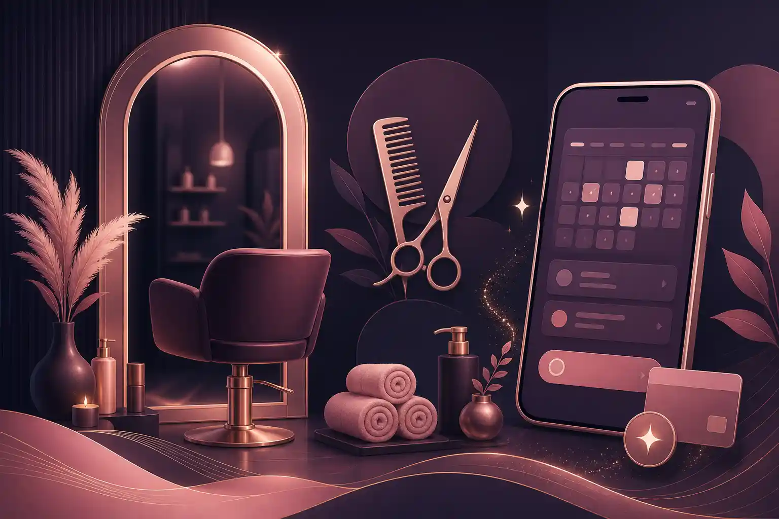 Stylised illustration: mirror arch, comb and scissors with booking and payment motifs for beauty salons
