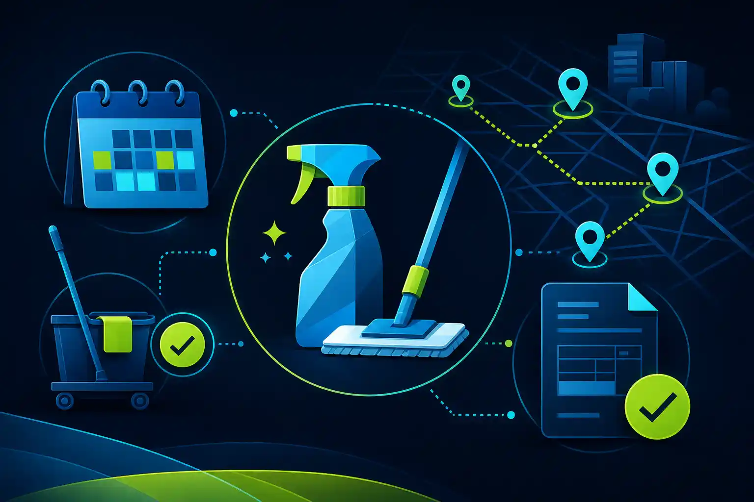 Stylised illustration: cleaning tools, calendar rings and route dots for commercial cleaning operations