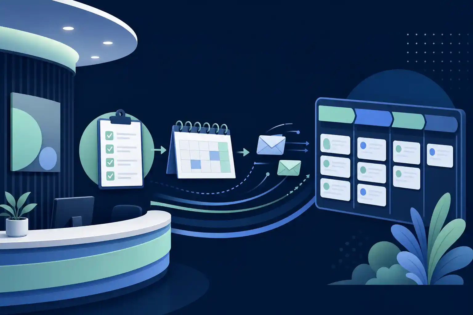 Stylised illustration: reception desk, clipboard and calendar suggesting clinic admin and intake workflows