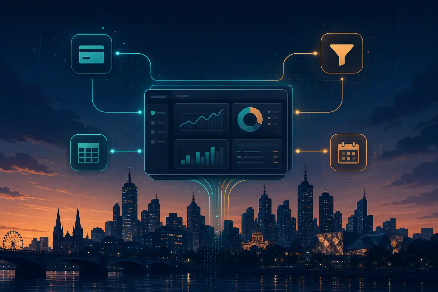 Stylised illustration: Melbourne skyline with SaaS icons converging into one dashboard via glowing connection lines