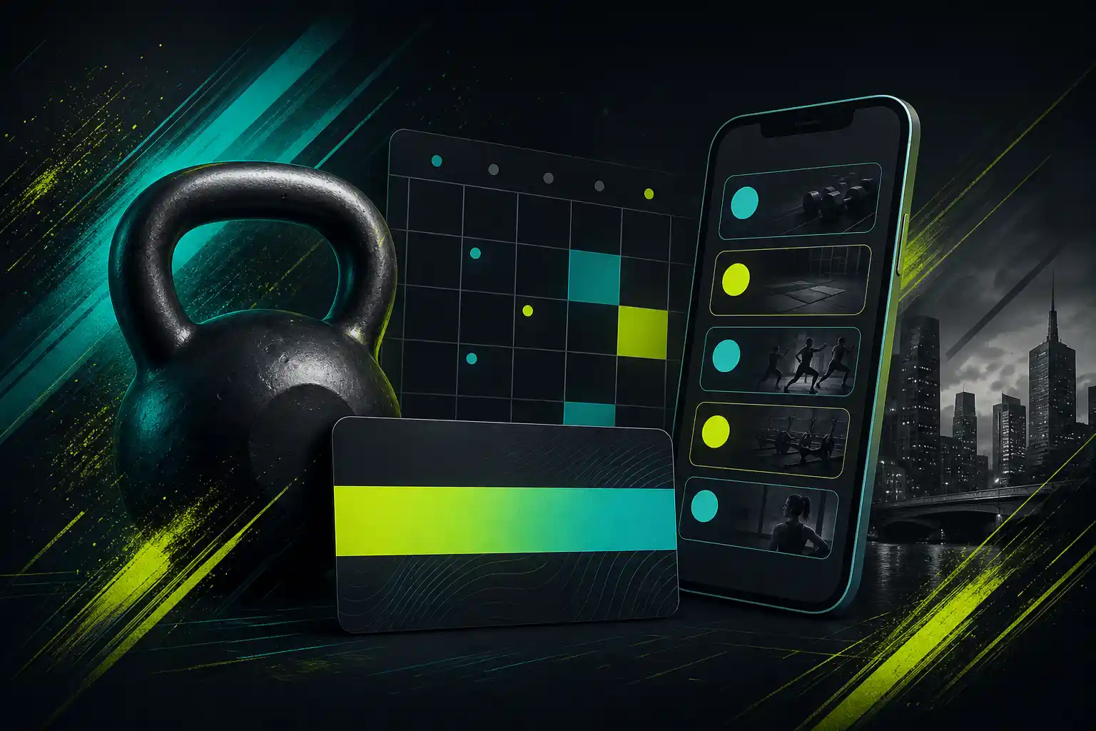 Stylised illustration: kettlebell, calendar grid and membership booking motif for fitness studios