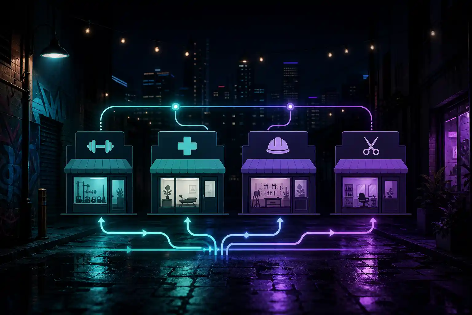 Stylised illustration: small business storefront icons linked by glowing workflow paths at night