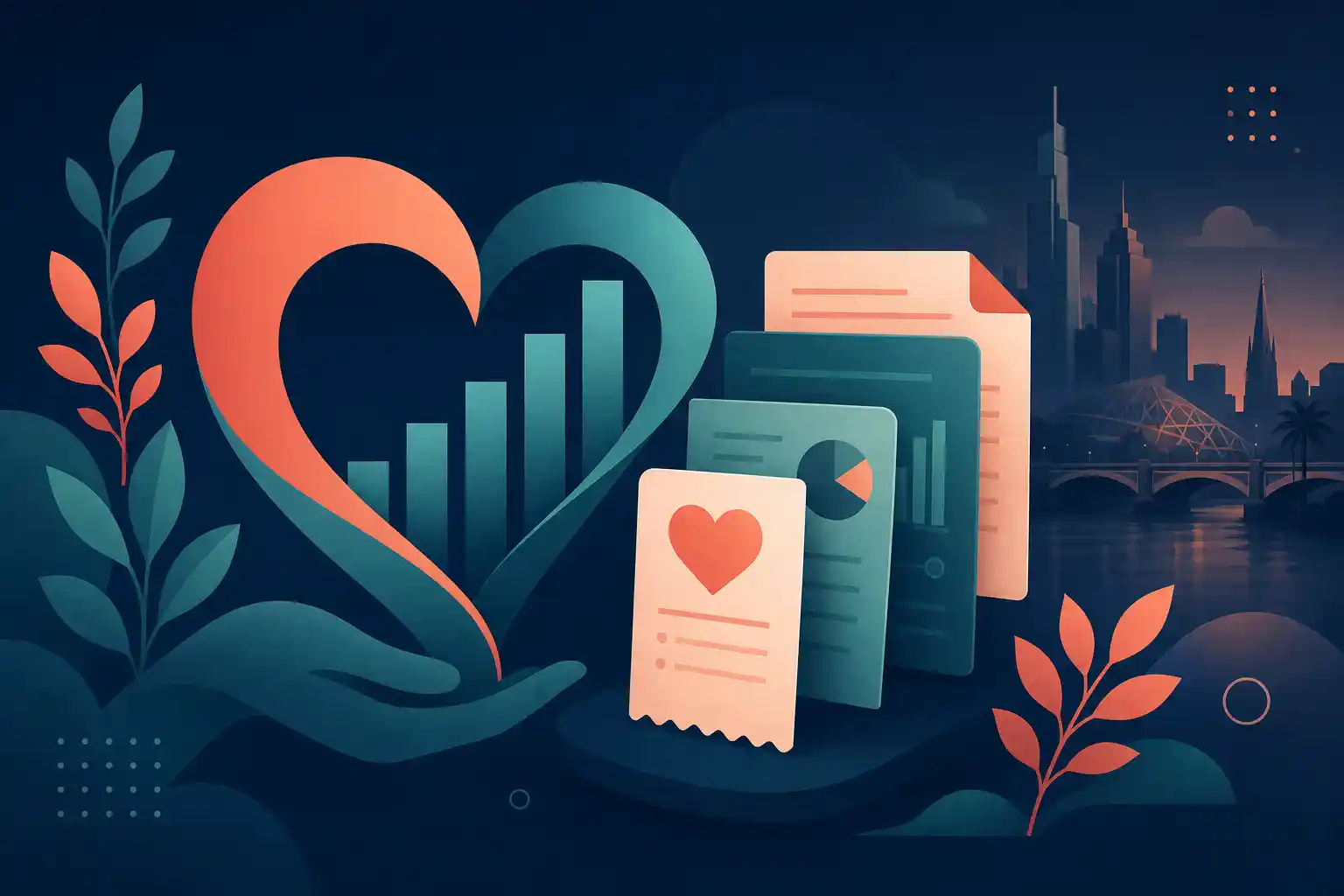 Stylised illustration: heart, charts and document layers suggesting donor reporting and charity operations