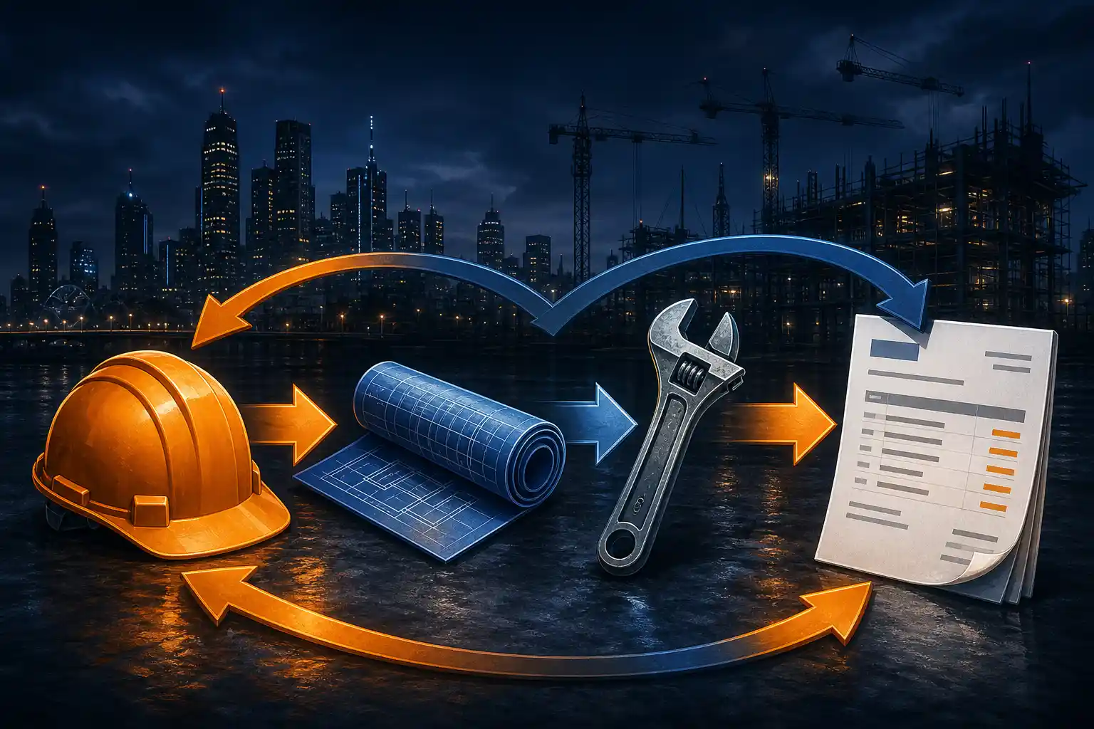 Stylised illustration: hard hat, blueprint, wrench and invoice connected by workflow arrows for trades