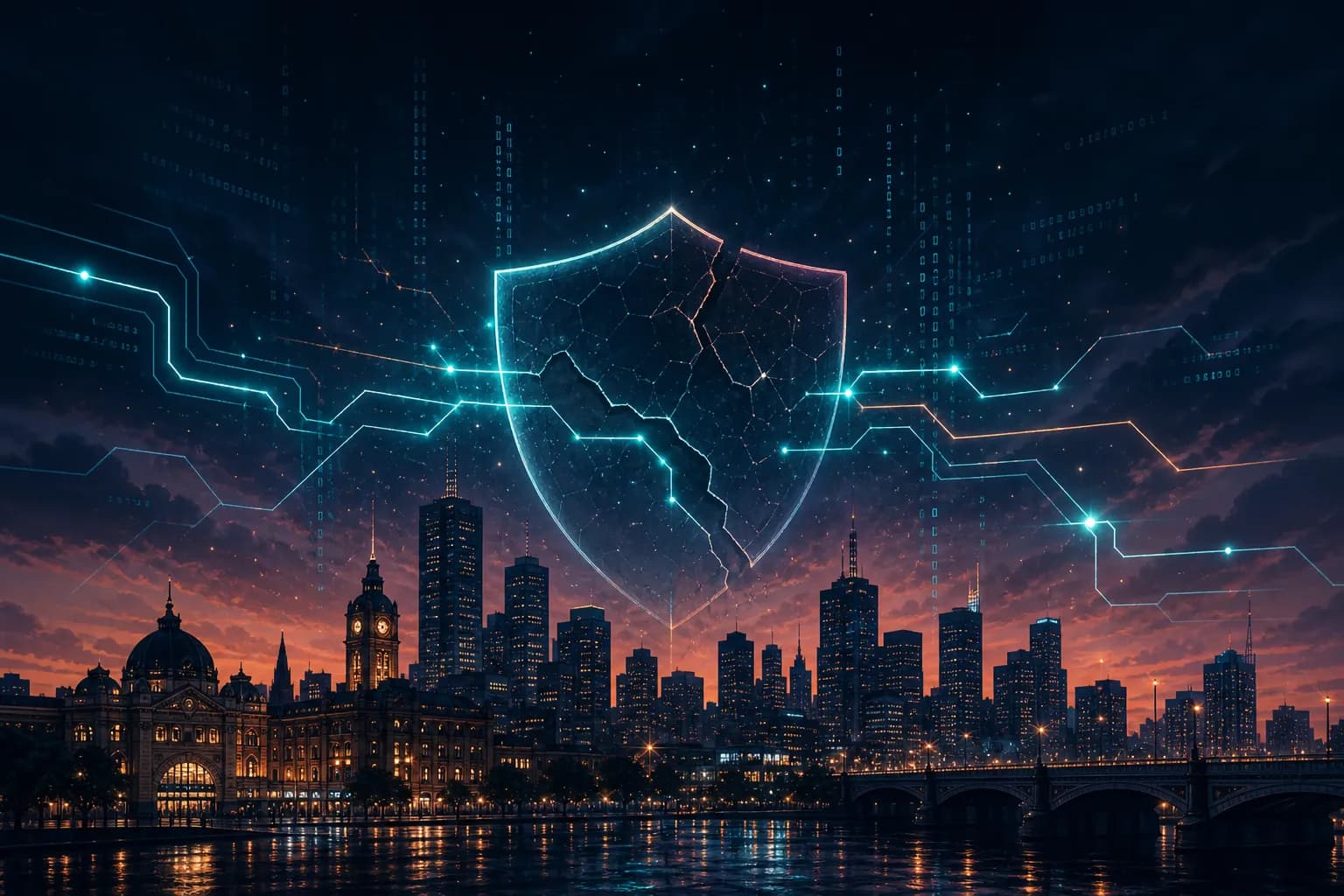 Stylised illustration: Melbourne dusk skyline with abstract code fragments, a cracked shield and glowing repair paths