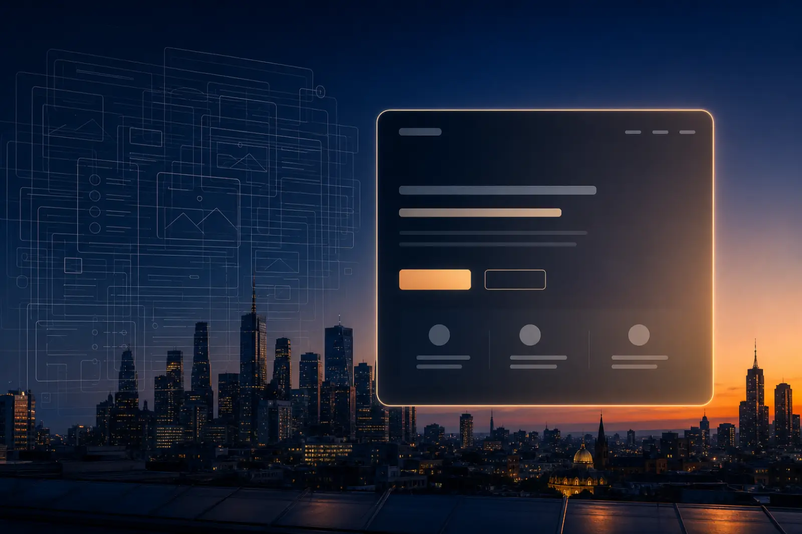 Melbourne rooftop at twilight with chaotic wireframes resolving into one calm landing page card