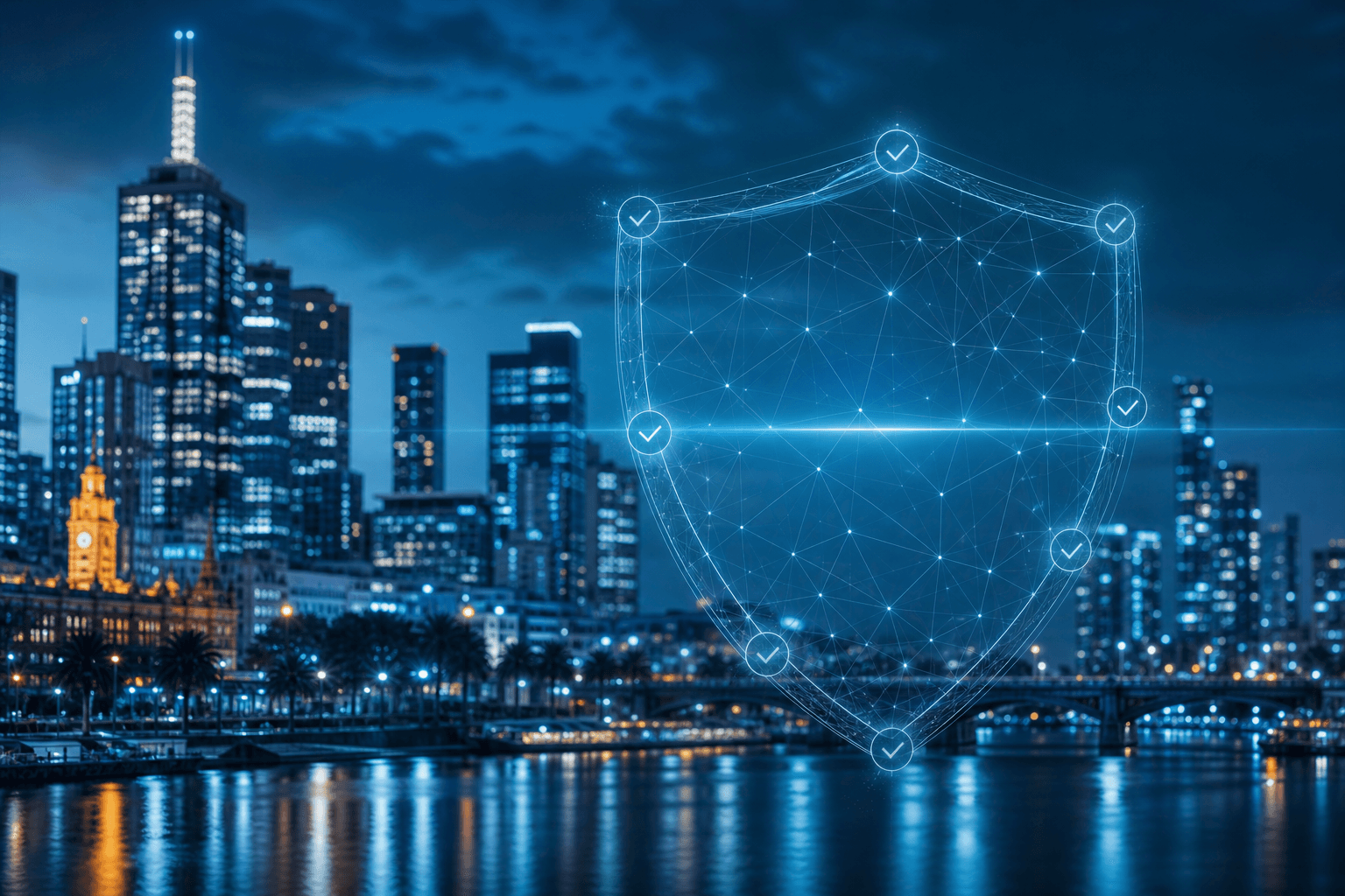 Melbourne cityscape at night with abstract shield of network lines and subtle checklist motifs