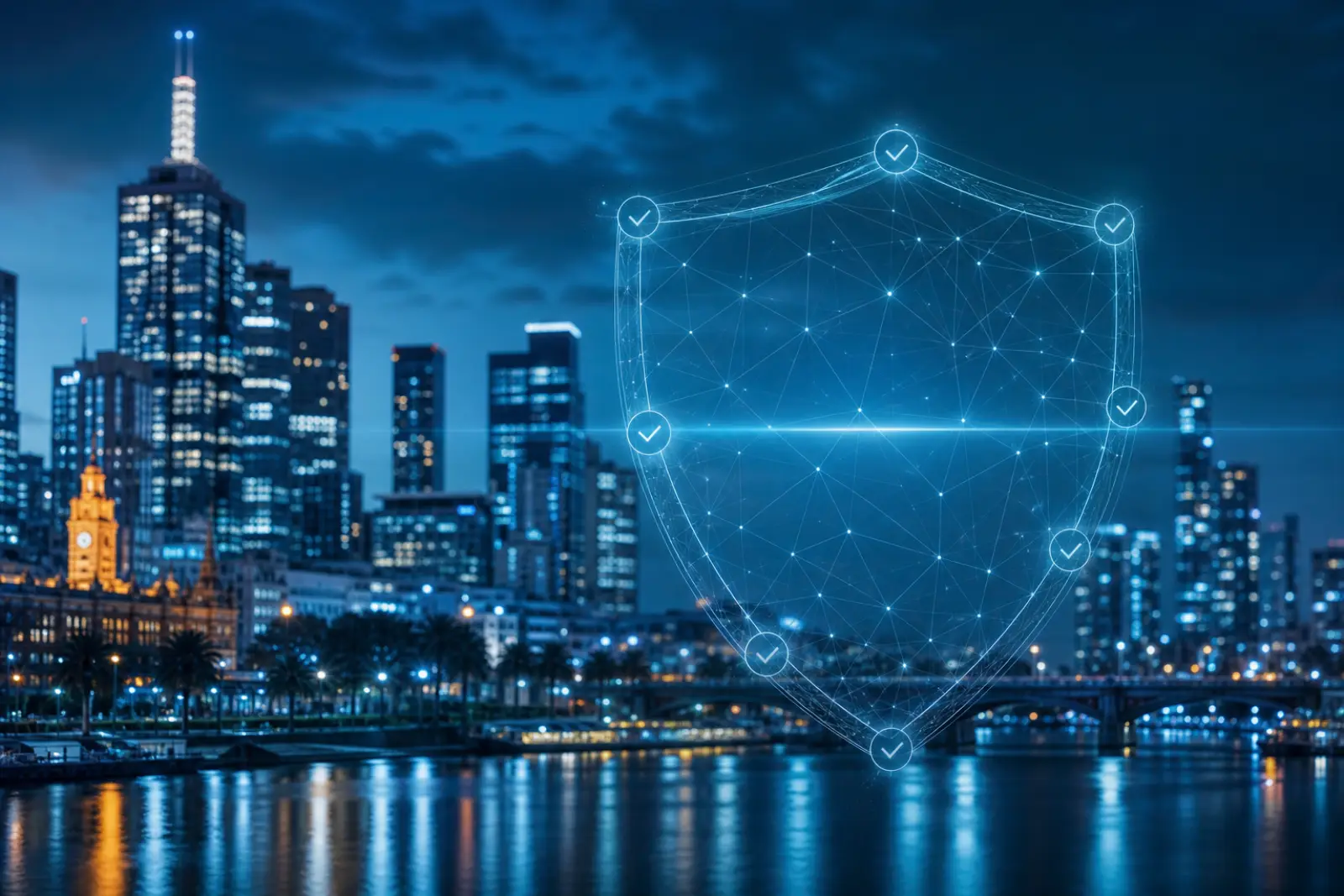 Melbourne cityscape at night with abstract shield of network lines and subtle checklist motifs