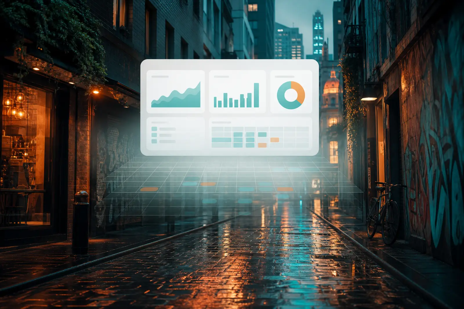 Melbourne laneway at dusk with spreadsheet layers fading into a single dashboard silhouette