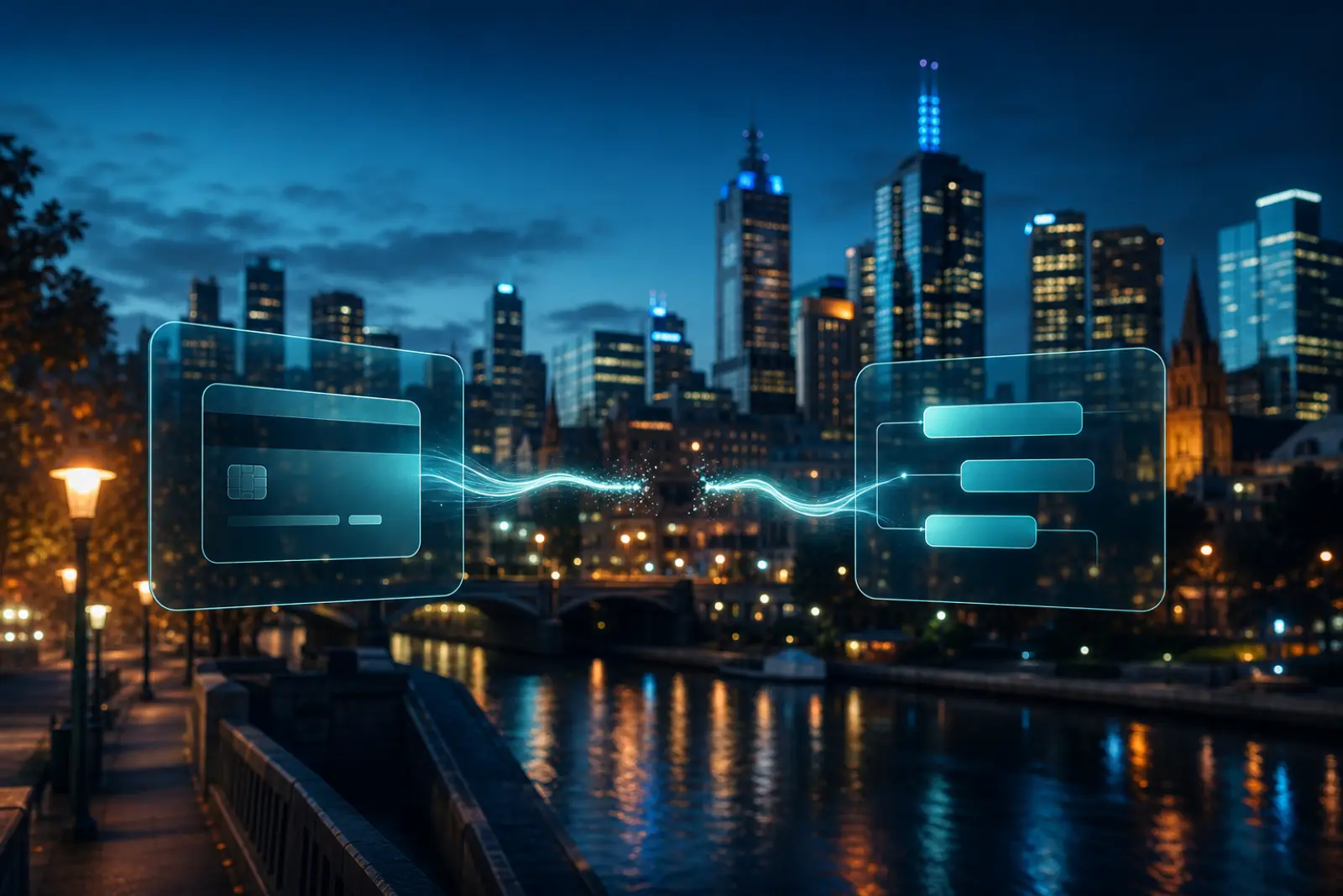Melbourne CBD at blue hour with abstract payment and CRM panels connected by a repaired light thread