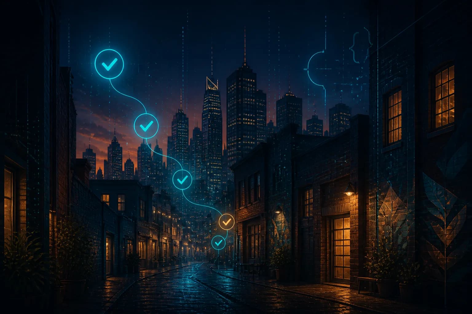 Melbourne dusk skyline with abstract code fragments and a cracked shield, vibe-coded app production audit