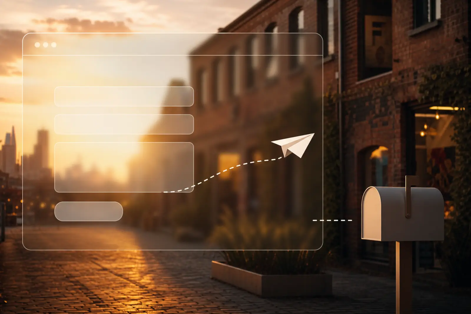 Melbourne creative district at golden hour with abstract browser form and stalled delivery path