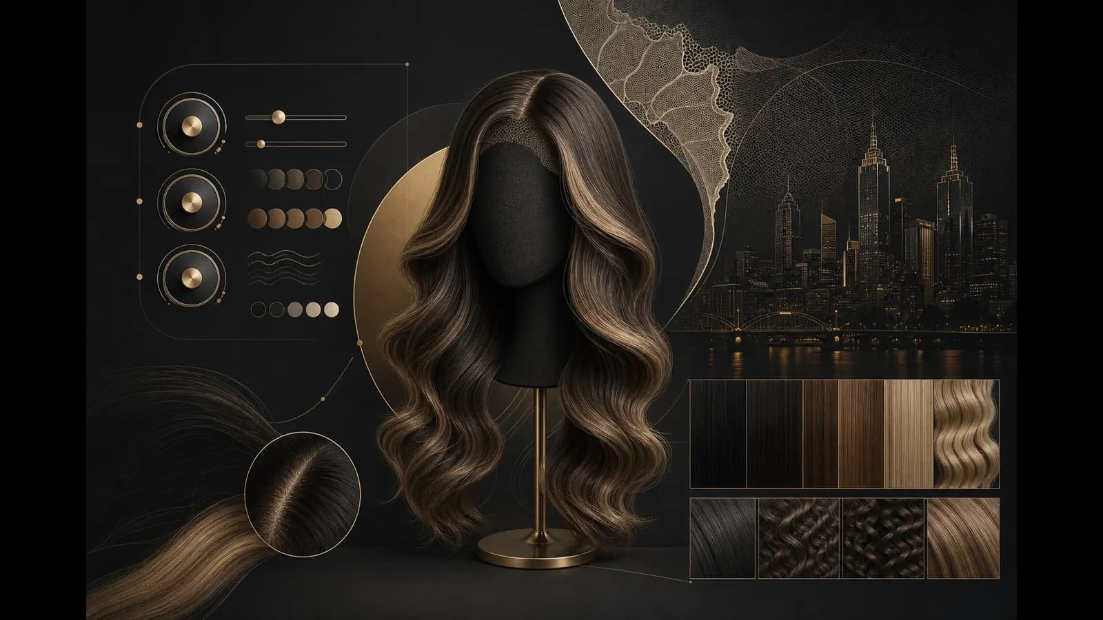 Stylised luxury hair and custom builder motifs with Melbourne skyline for Luxora Hair