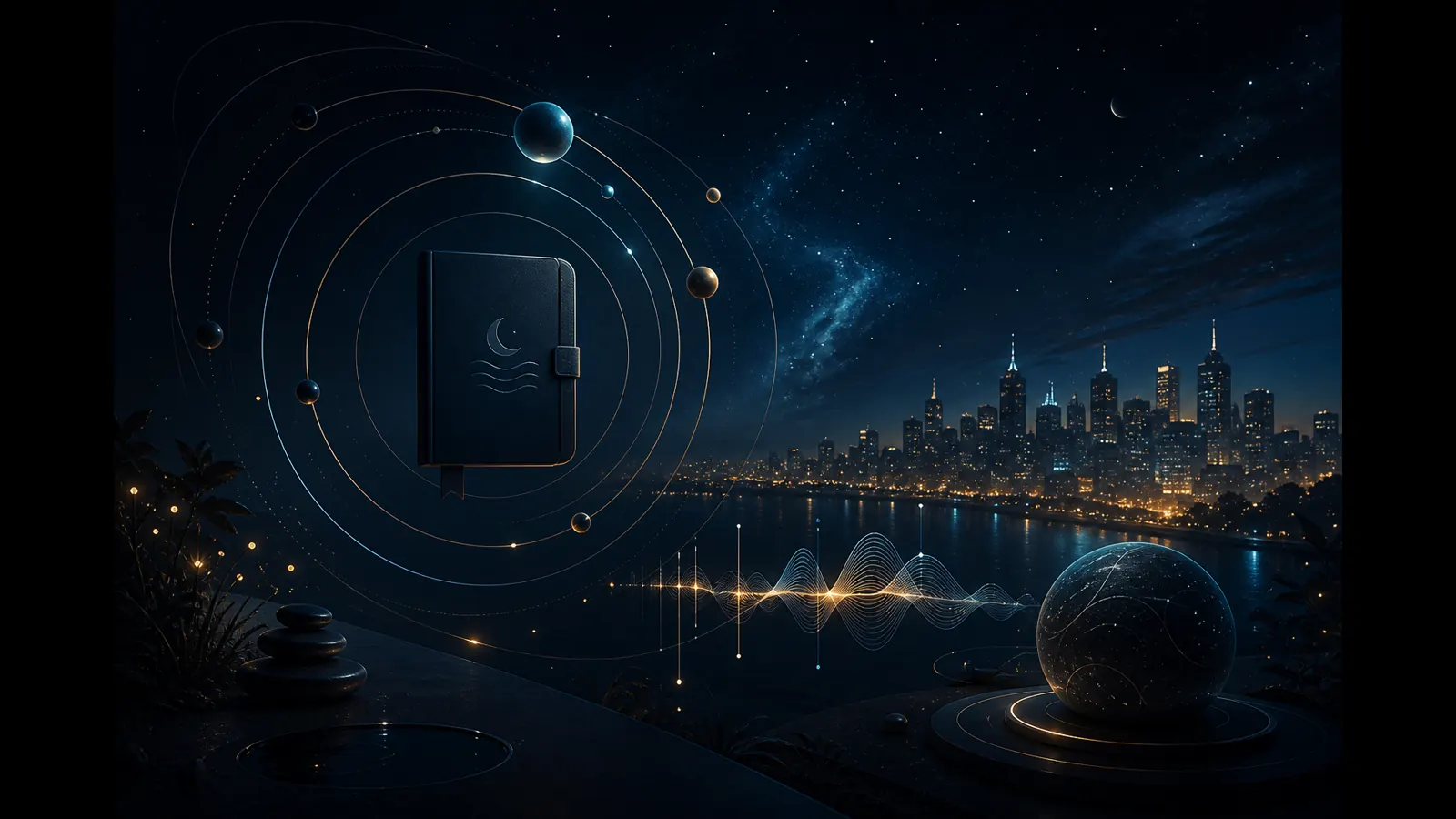 Stylised cosmic meditation and dream-journal motifs with Melbourne horizon for Mercury 91
