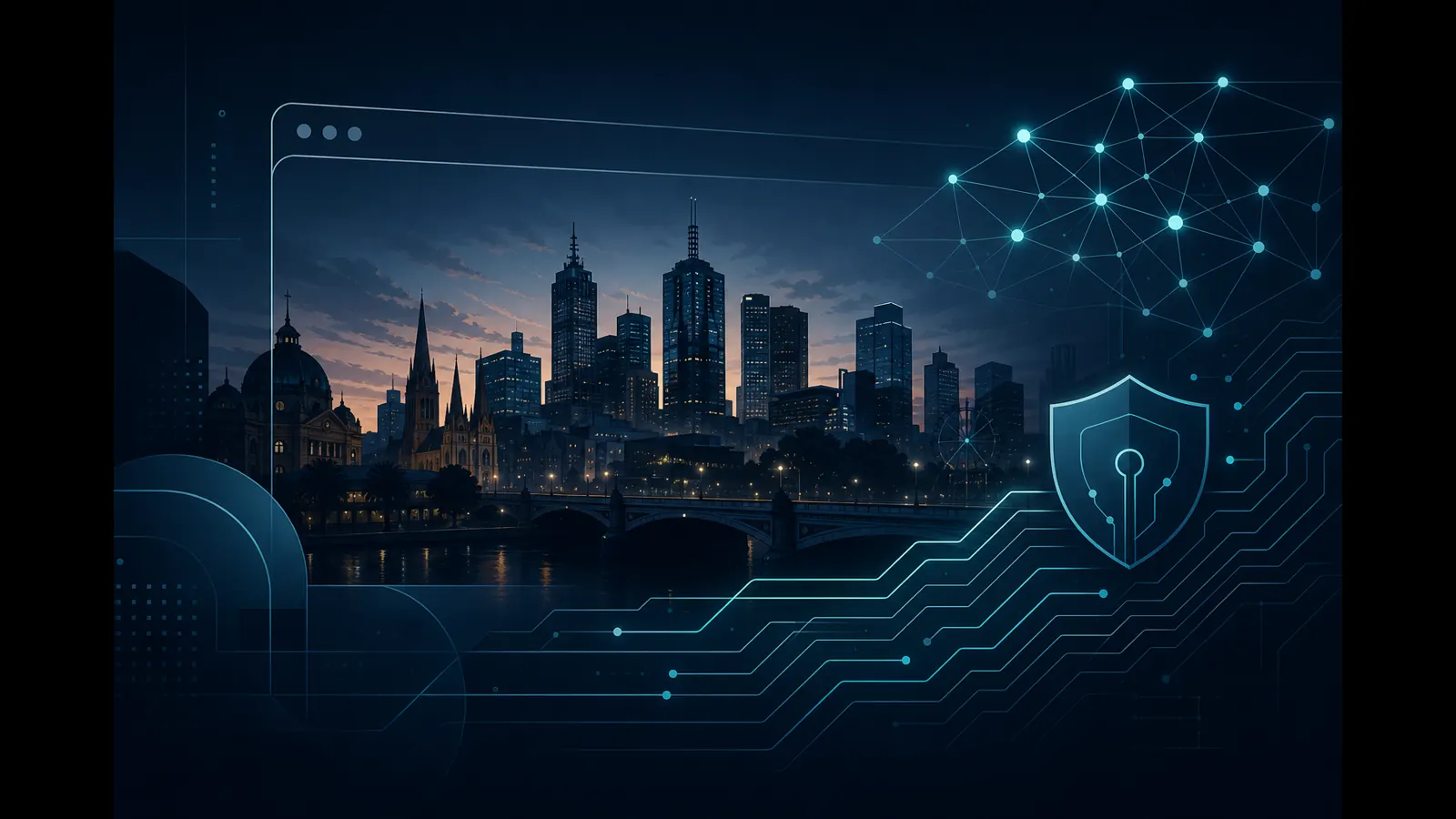 Stylised Melbourne skyline with circuit paths, browser frame and security motifs for the Web Is studio