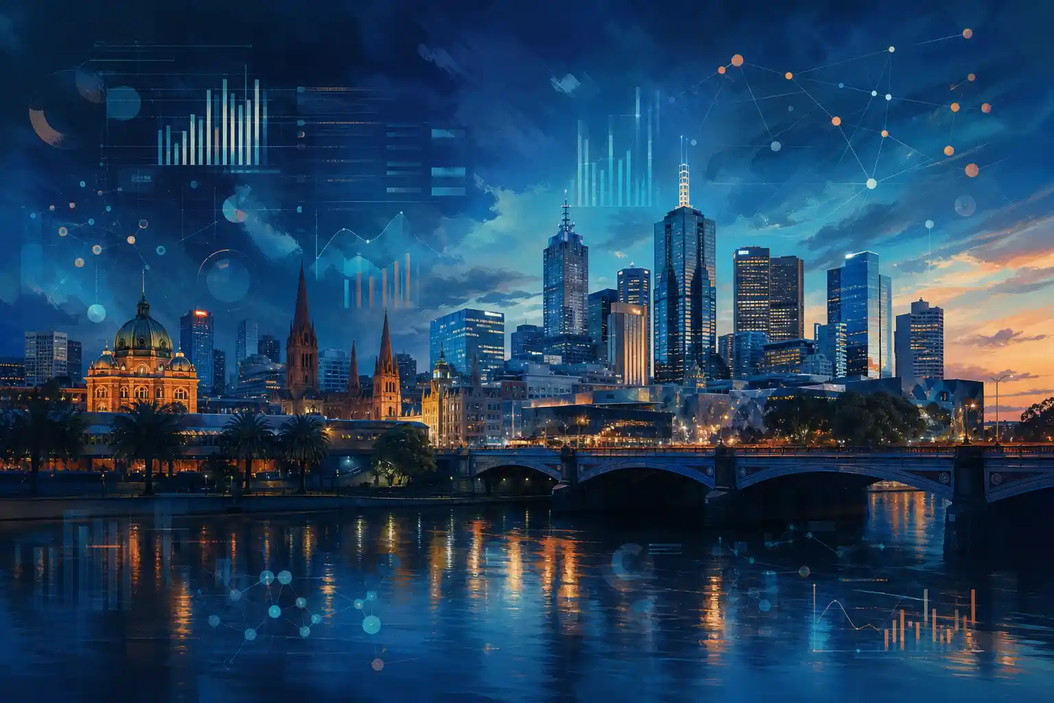 Melbourne skyline with dashboard layers representing connected business tools