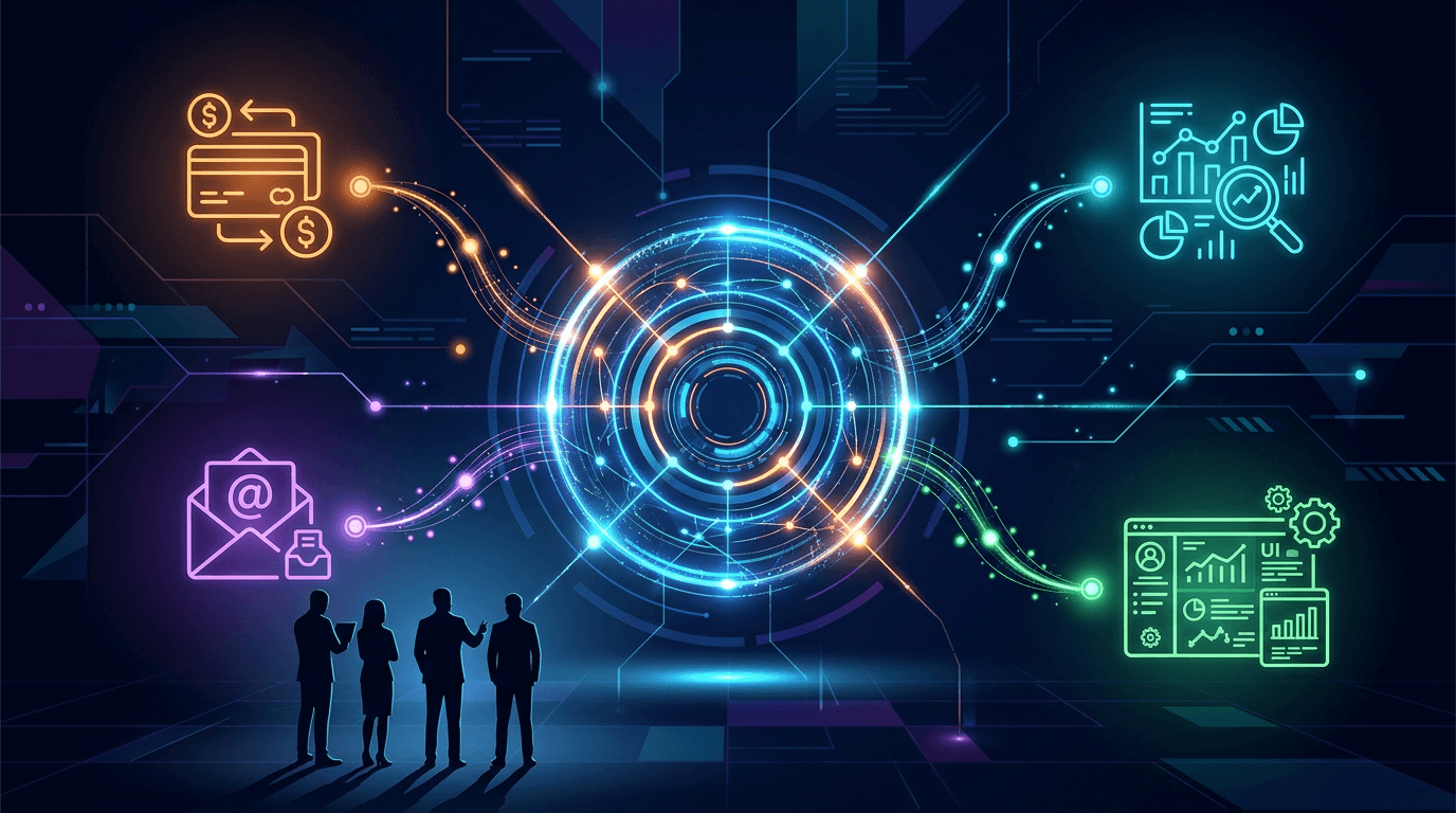 Illustration of a central hub: internal dashboard and owned database connected to your business tools