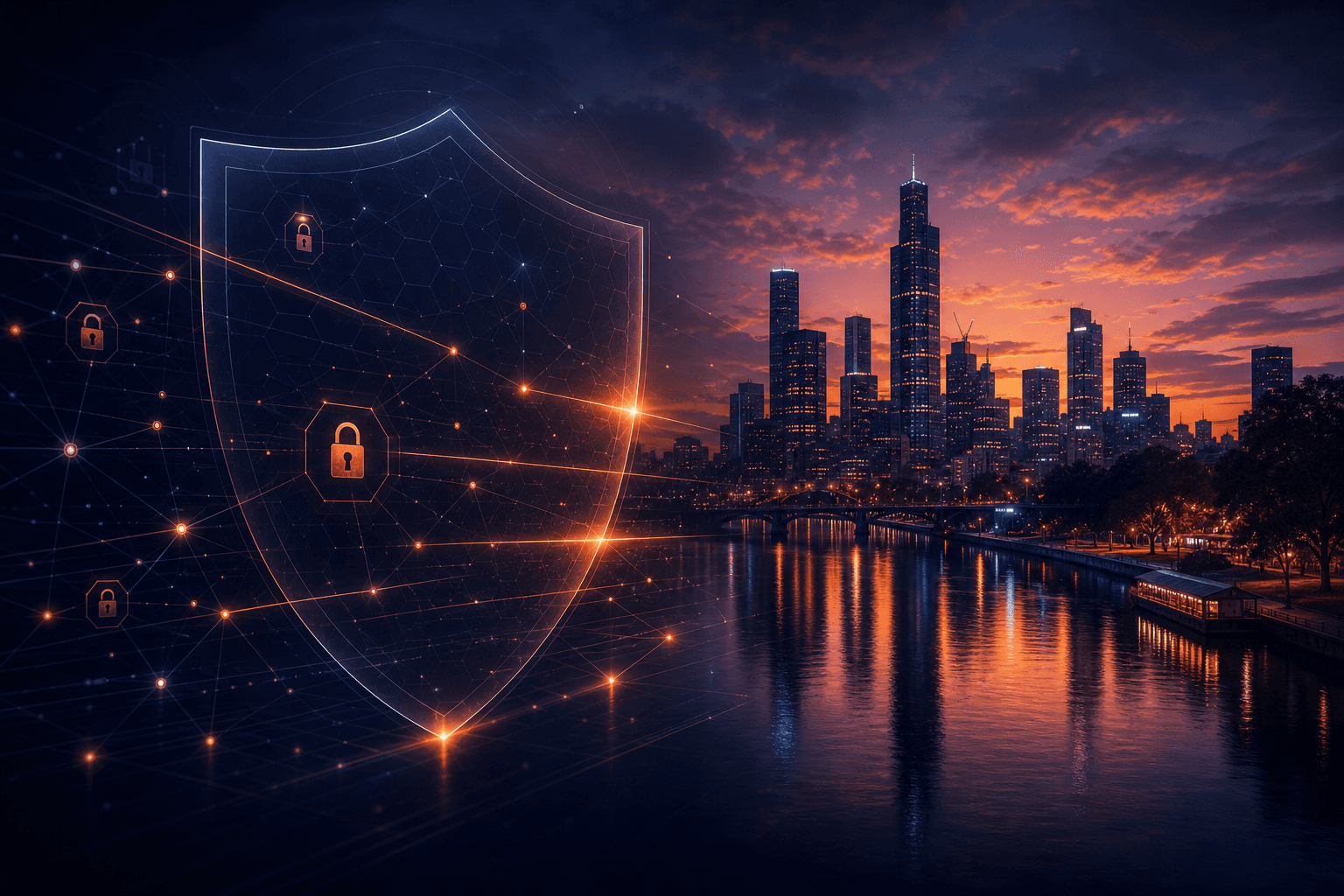 Melbourne cityscape with abstract security shield and network scan motifs—cyber security and penetration testing