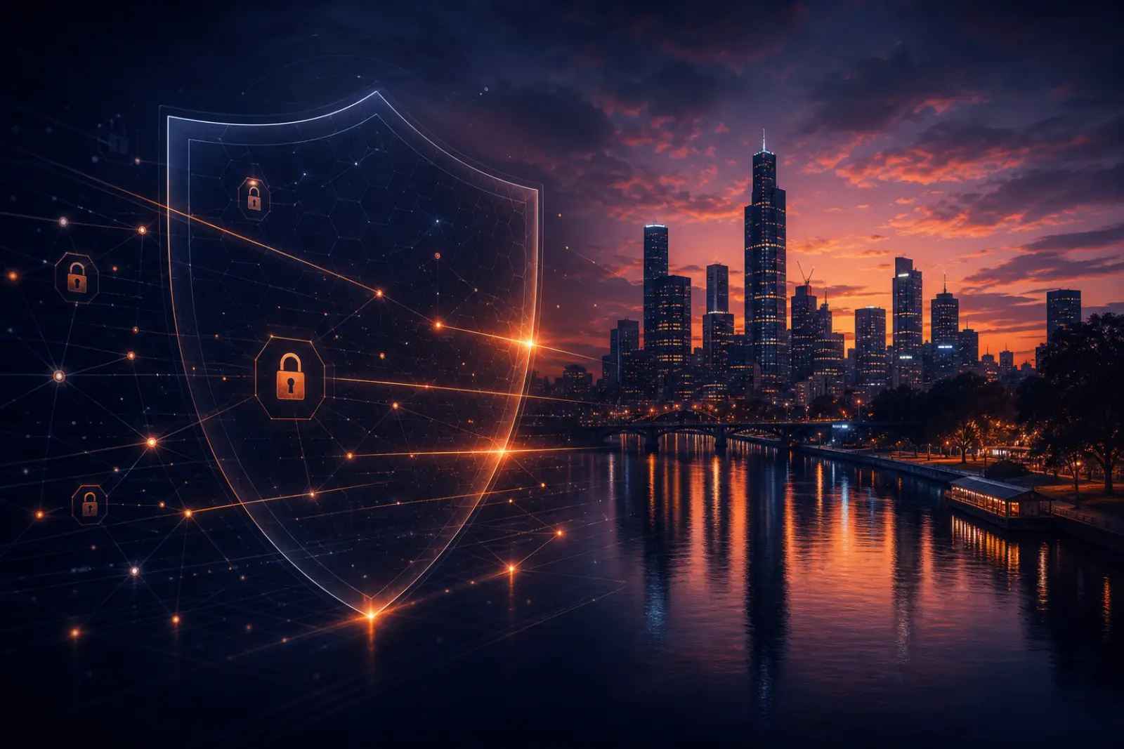 Melbourne cityscape with abstract security shield and network scan motifs, cyber security and penetration testing