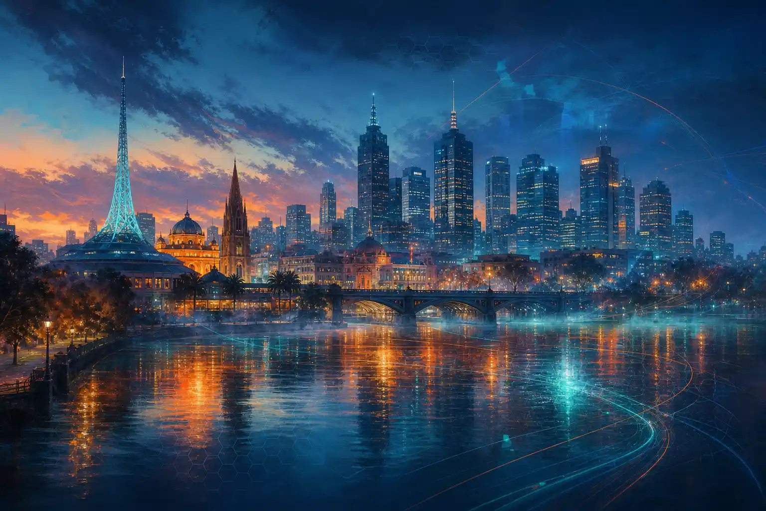 Stylised Melbourne skyline at dusk, digital infrastructure for growing businesses