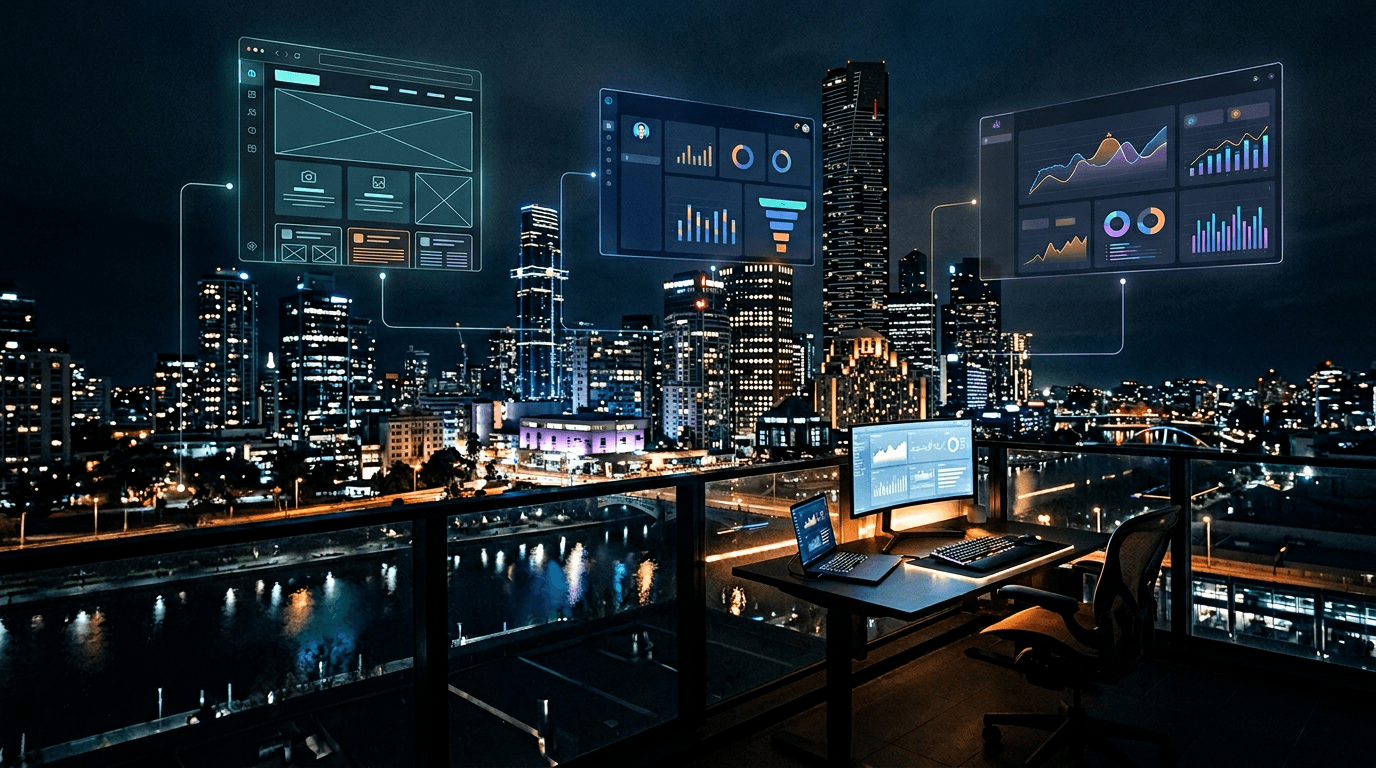Melbourne skyline with internal dashboard and systems imagery
