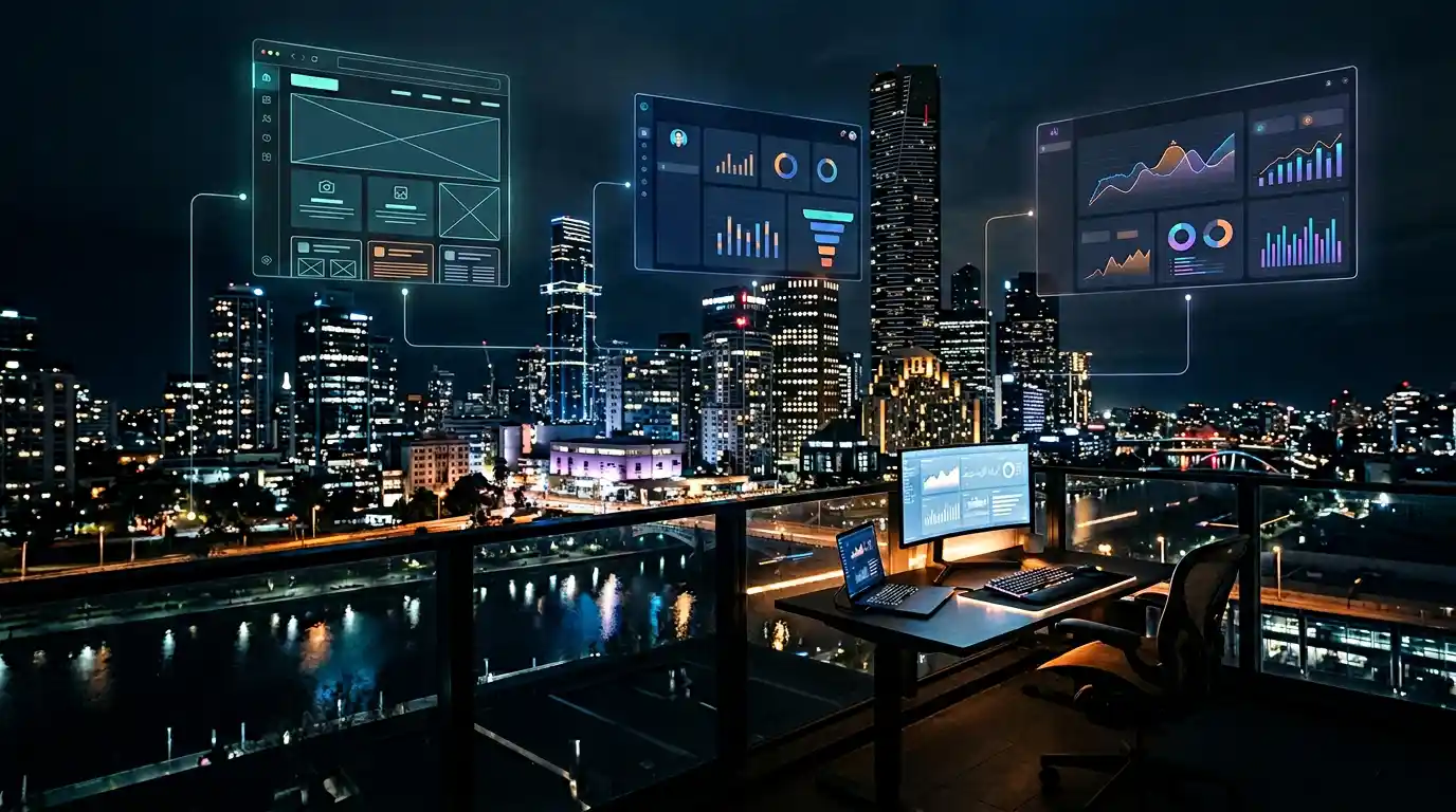 Melbourne skyline with internal dashboard and systems imagery