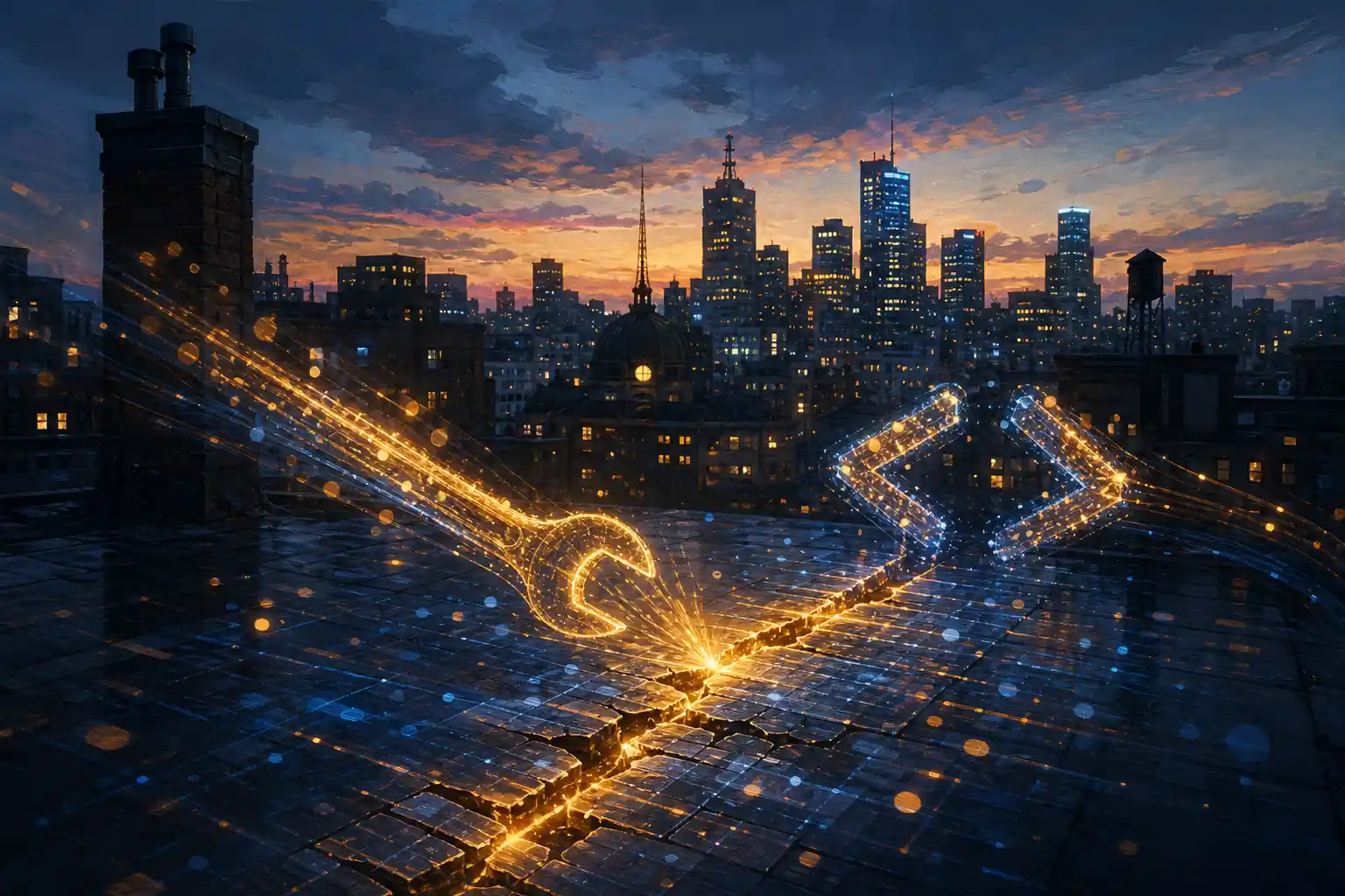 Illustration representing website repair: layout, forms, speed and analytics issues being fixed