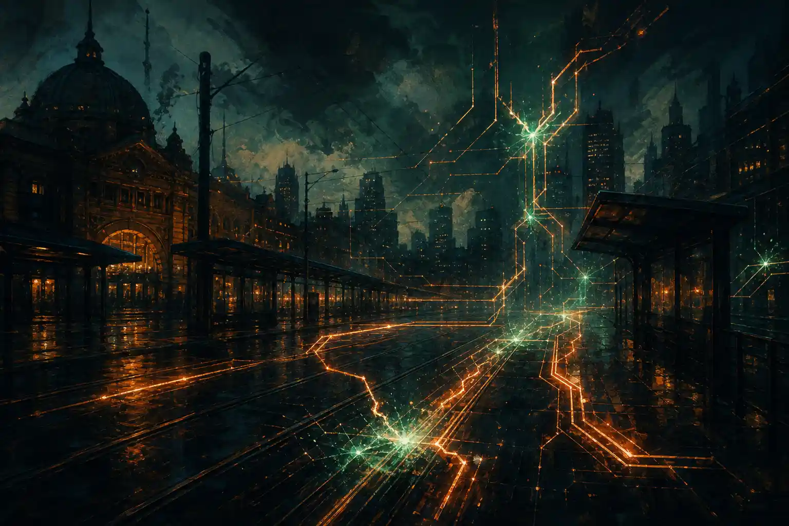 Melbourne night scene with reconnecting light paths representing repaired Stripe webhooks and CRM sync